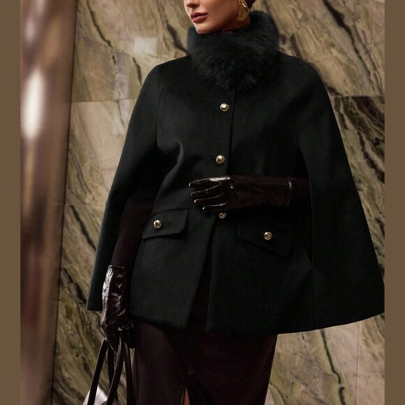 Jackets & Blazers - Black Fuzzy Collar Cape Coat with Gold Buttons